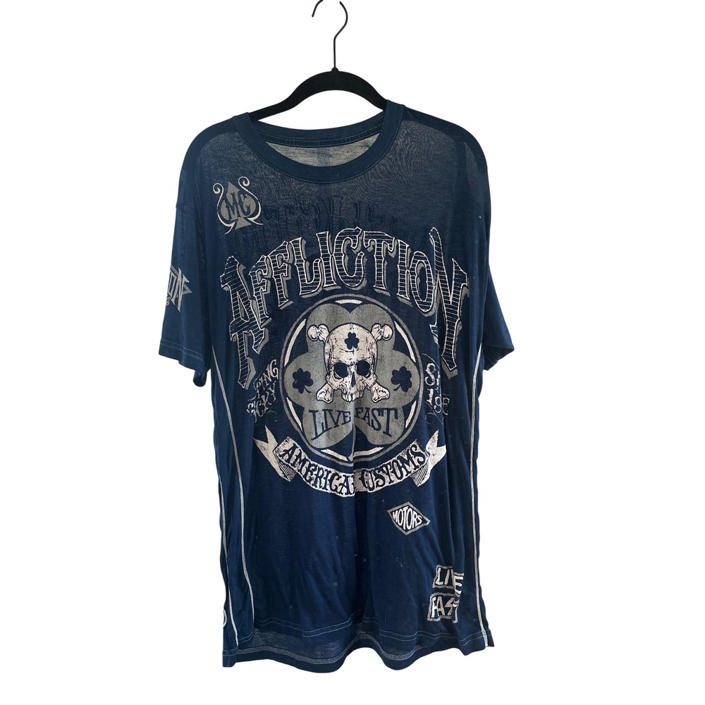 Y2K Affliction American Customs Live Fast T-Shirt Large Blue Burnout Skull MMA